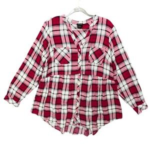 Torrid Pink Plaid Babydoll Tunic Top Long Sleeve Peplum Sz 2 Grunge indie Sleaze